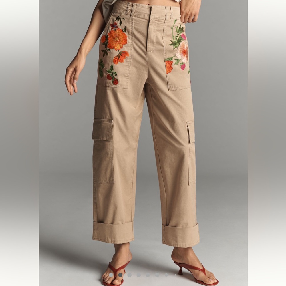 Anthropologie Embroidered Floral Cargo Pants.